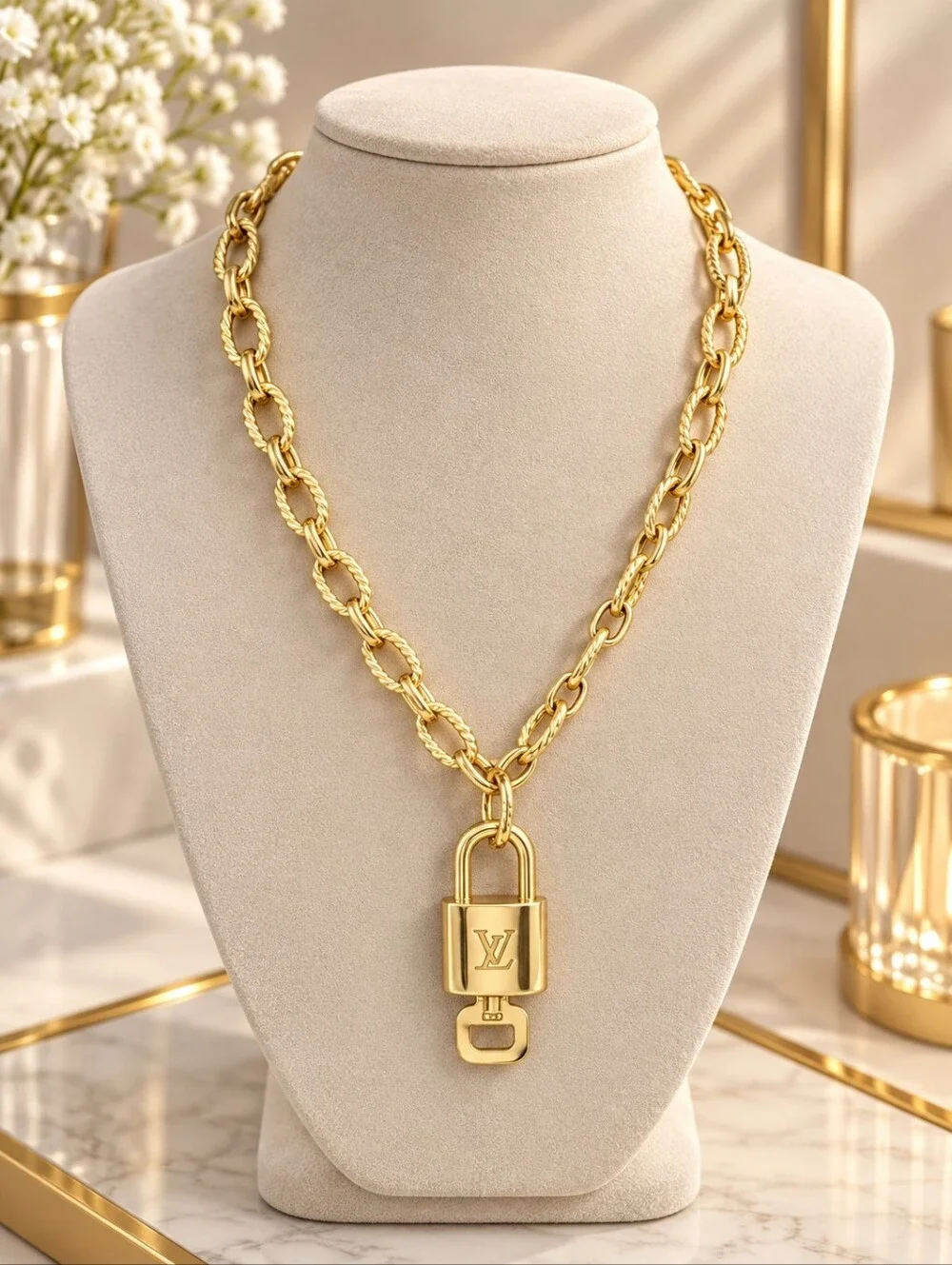 Gold-Plated Necklace with Authentic Louis Vuitton Padlock_2